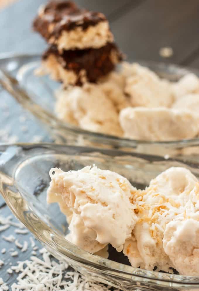 Vegan Toasted Coconut Ice Cream on glass tray on gray table