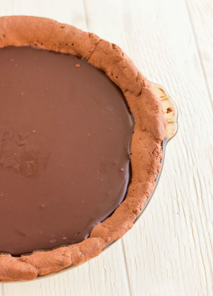 Chocolate Caramel Pie on white table top view