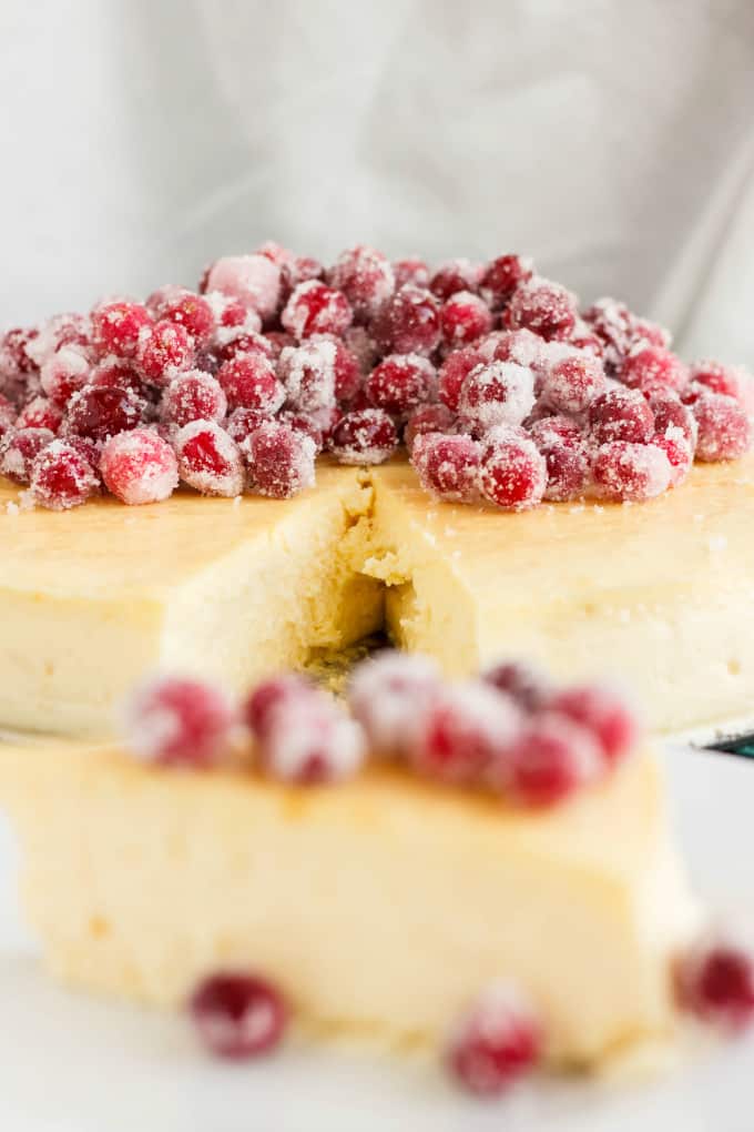 Crust-Less Lemon Cheesecake with Candied Cranberries in the background, blurred slice on white plate in front