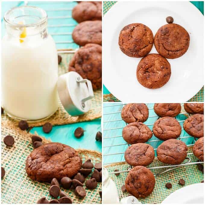Double Chocolate Cookies with Hershey's Chipits images compilation on table, white plate next to glass jar full of milk