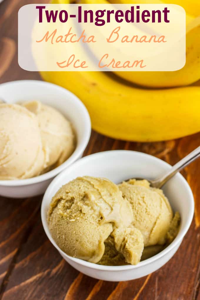 Banana Nice Cream (Banana Ice Cream) in white bowls with spoon on wooden table with bananas with text