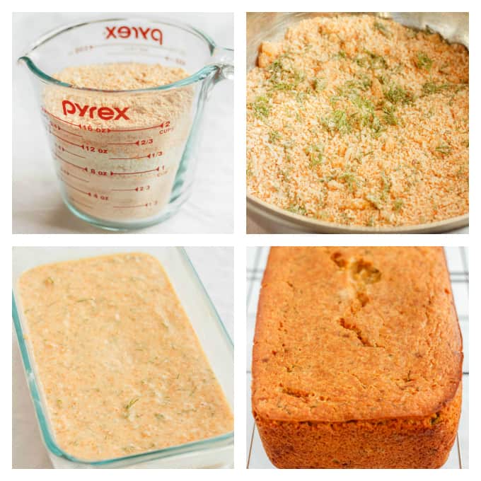 Lentil flour in glass container next to bowl with mix of lentil flour and parmesan, bread dough in baking pot, baked bread.