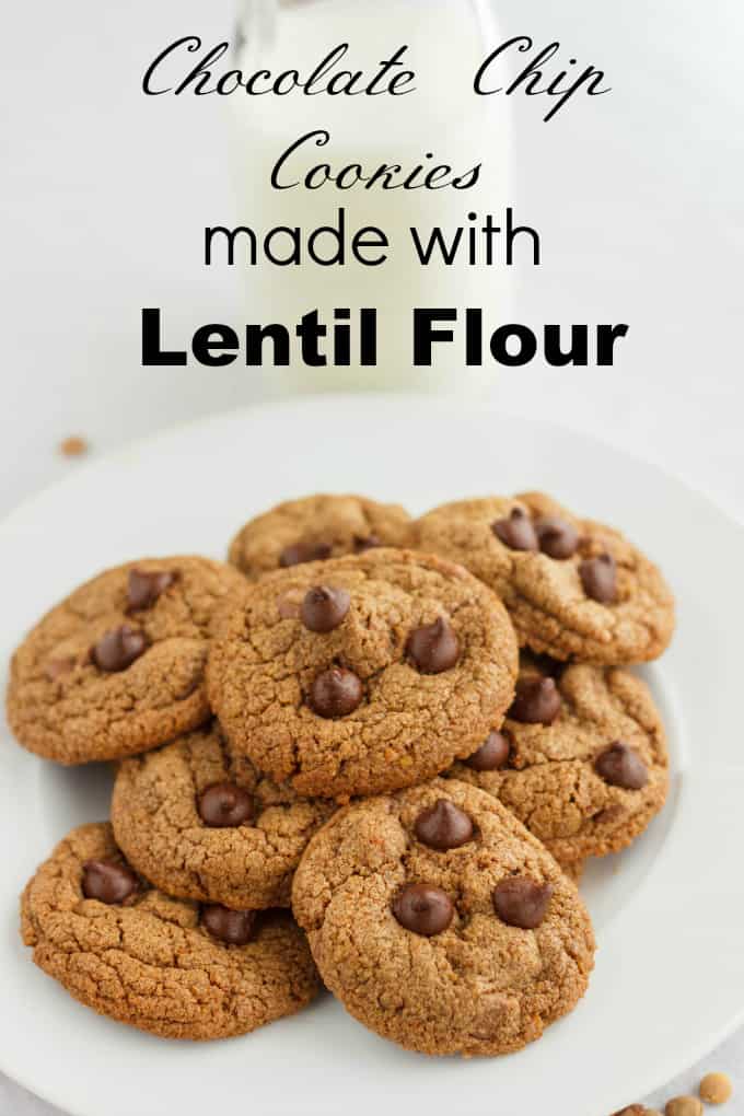 Chocolate Chip Cookies made with Lentil Flour on white plate