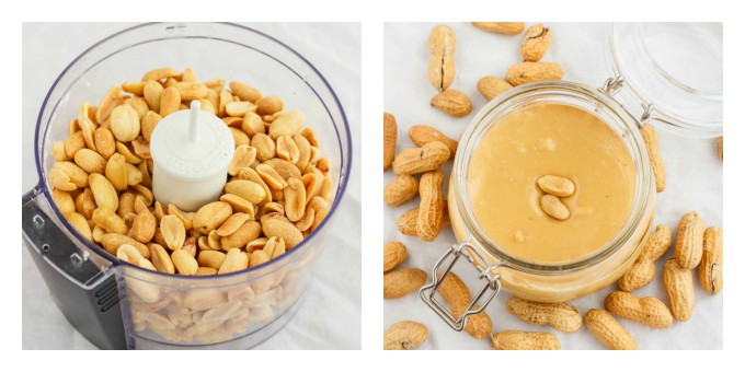 Homemade Peanut Butter in the making, peanuts in blender and butter in glass jar with peanuts around