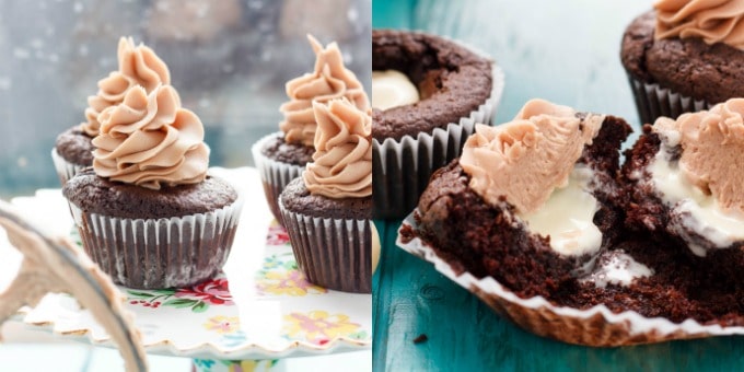 Chocolate cupcakes with buttercream frosting half eaten on table