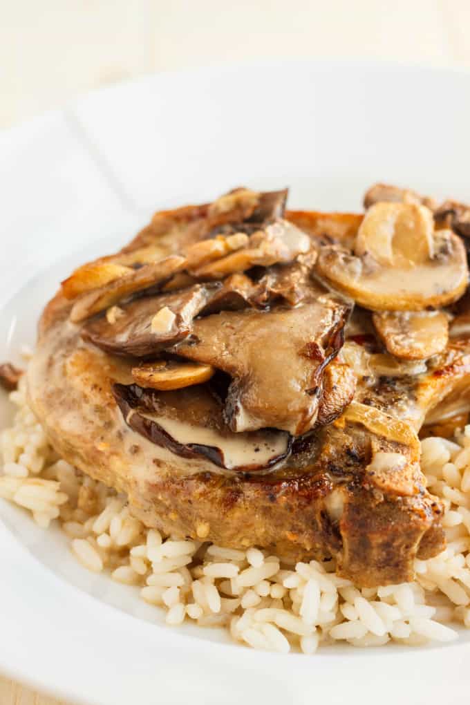 Pork Loin Chops in a Creamy Mushroom Sauce with rice on white plate