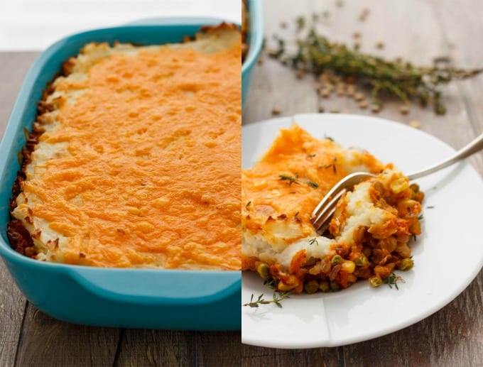Vegetarian Shepherd's Pie in blue baking pot and on wooden table, slice of pie cutted by fork on white plate on wooden table(Vegan Shepherd's Pie Included.) #cheese
