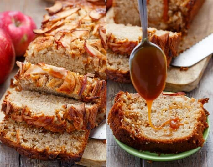 Apple Cinnamon Bread slices with Caramel on wooden pad with red apples, caramel poured by spoon on slice of bread