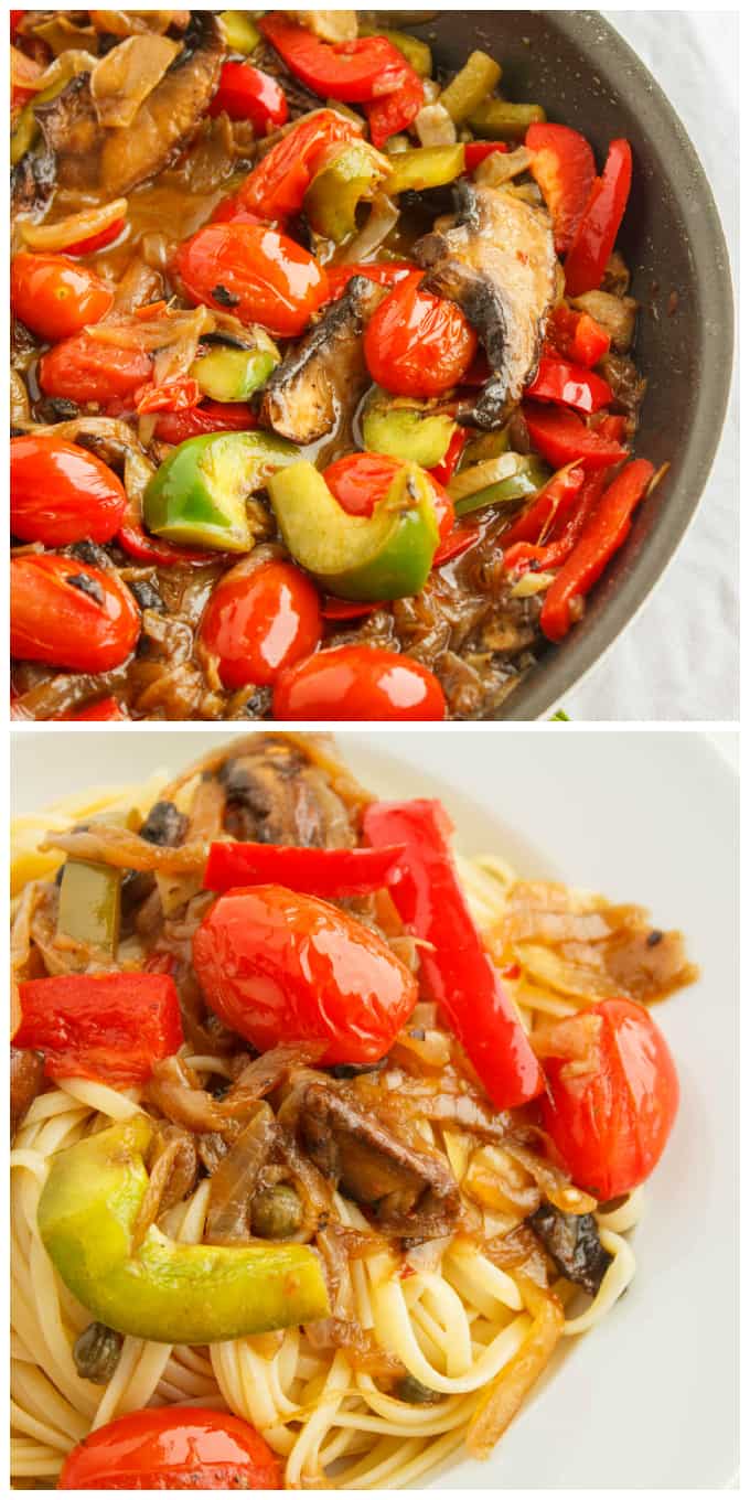 Artichoke Hearts, Caramelized Onions and Roasted Portobello Mushroom Pasta in pan, same dish on white plate