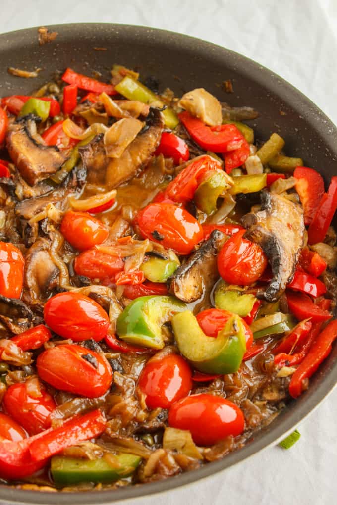 Artichoke Hearts, Caramelized Onions and Roasted Portobello Mushroom Pasta in pan