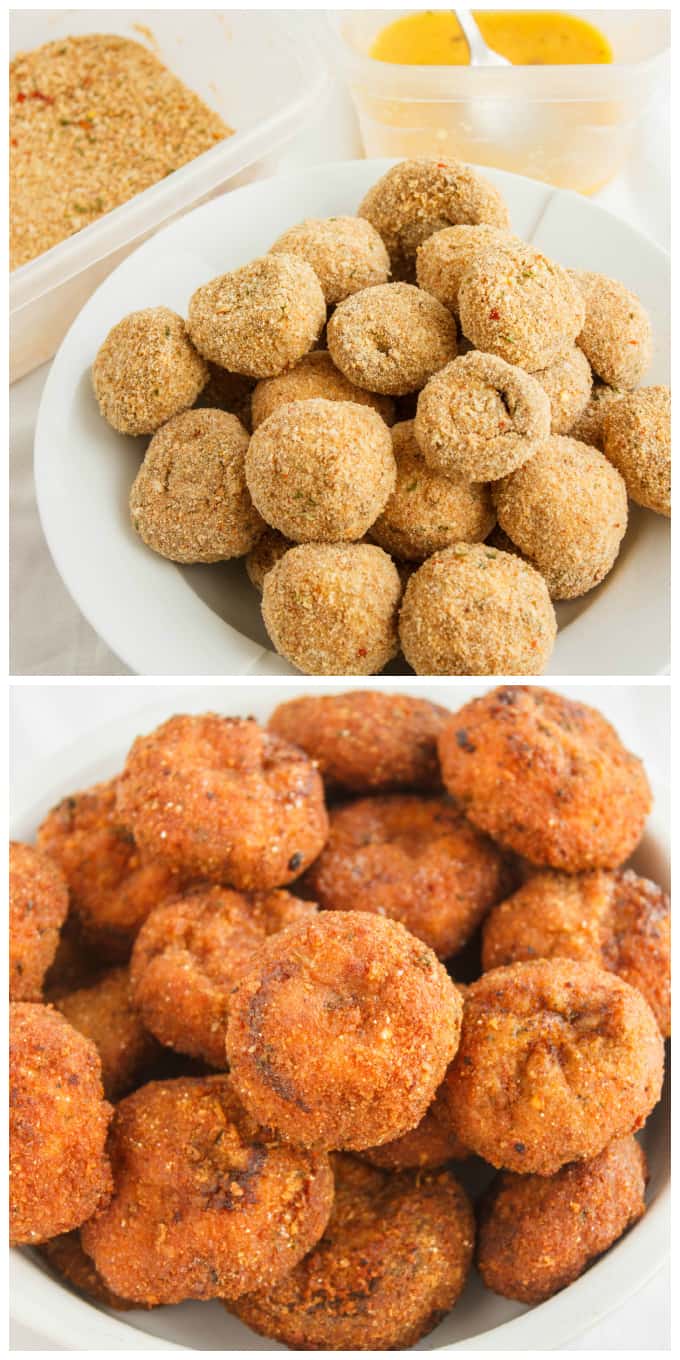 Crispy Deep-Fried Breaded Mushrooms images before and after deep frying