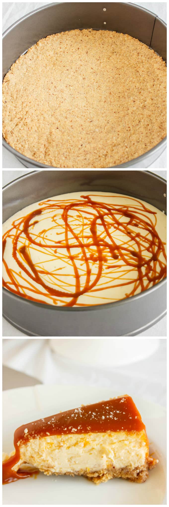Salted Caramel Cheesecake in cooking pot solo dough and dough with caramel frosting, slice of cake on white plate