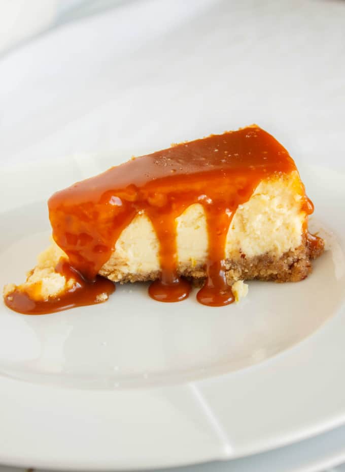 Salted Caramel Cheesecake on white plate