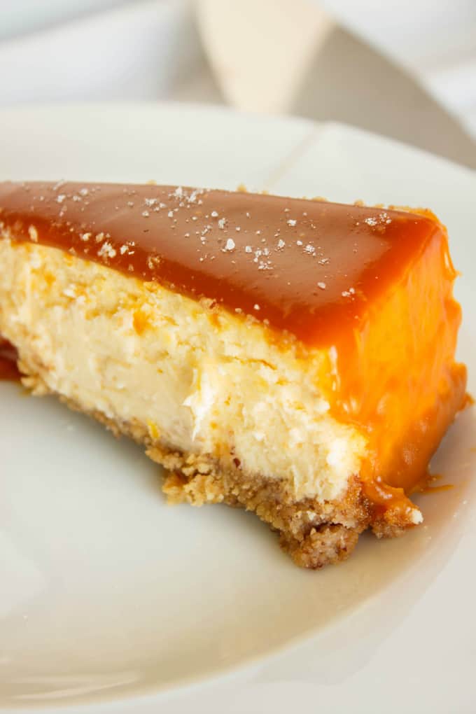 Salted Caramel Cheesecake on white plate