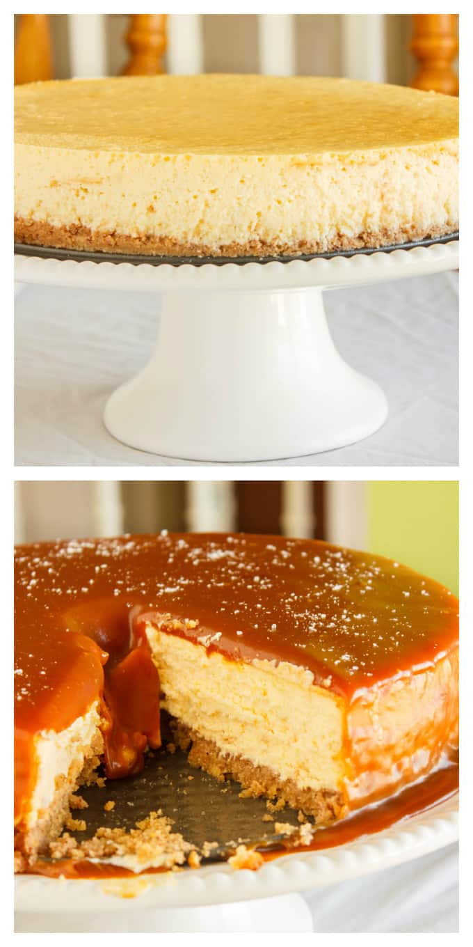 Salted Caramel Cheesecake  on white tray, bottom cake without slice of cake