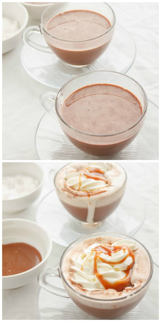 Salted Caramel Hot Cocoa in glass cups on glass plates with and without whipped cream and caramel