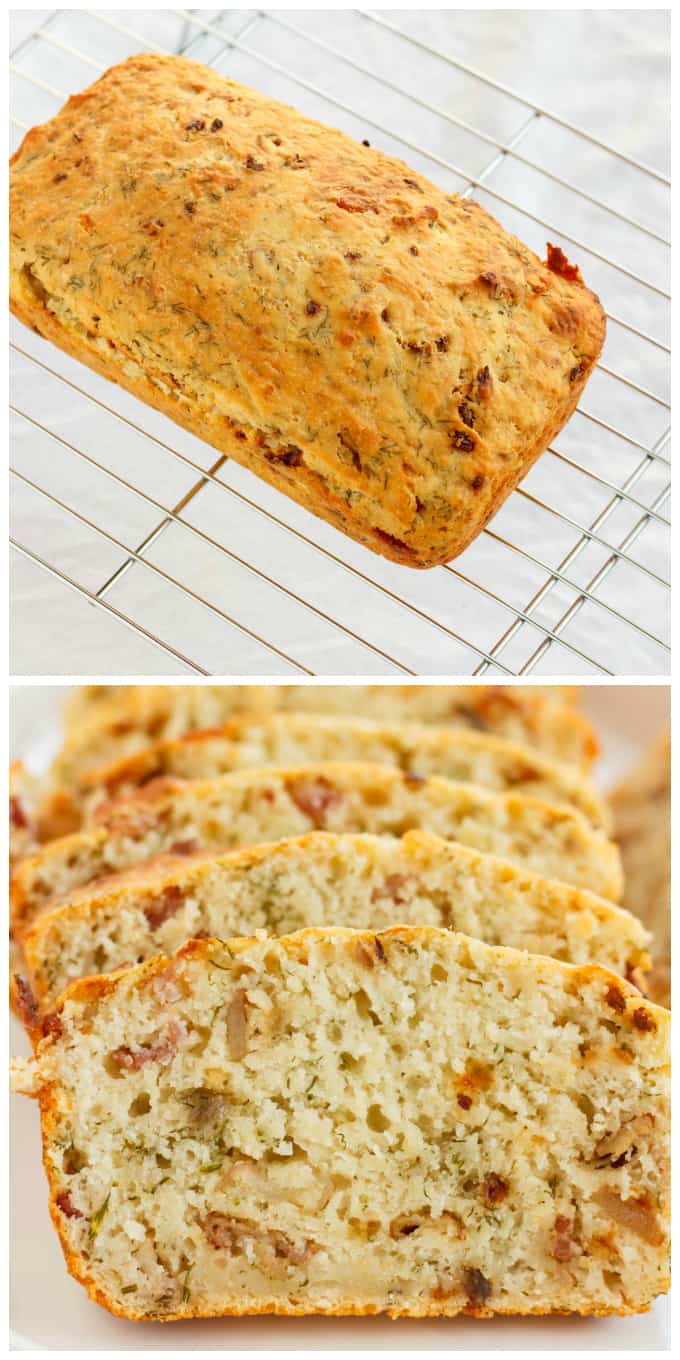 Beer, Bacon, and Parmesan Bread on baking grid and slices of bread on white tray