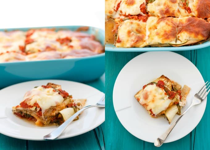 Eggplant and Zucchini Lasagna on white plates with forks infront of baking pots with same dish on blue table (No Pasta!) #lasagna