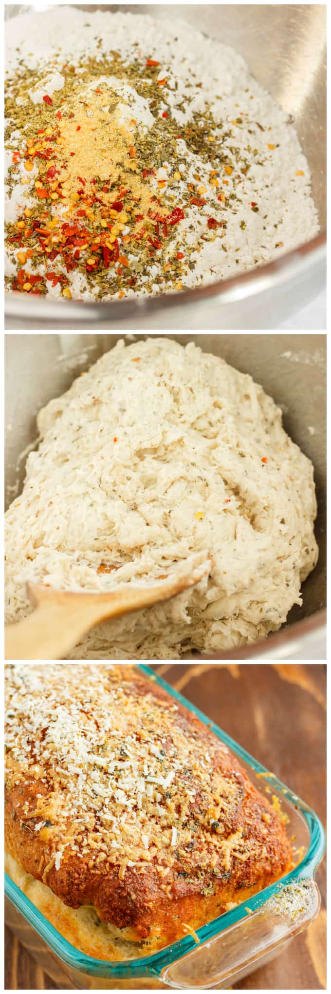 Herb and Cheese Bread , dough mix,dough in bowl with spatula and loaf of bread in cooking pot