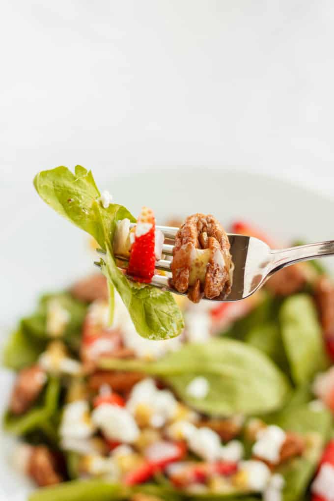 Milestones' California Spring Salad picked on fork, plate with salad  in the background