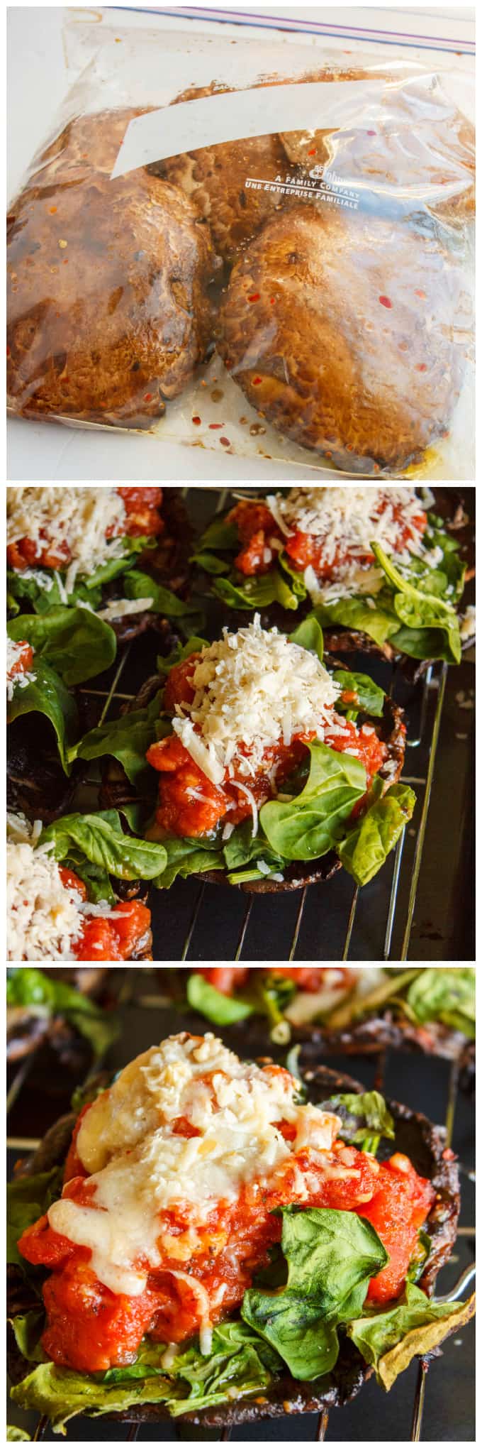 Portobello Mushroom Pizzas on baking grid, baked mushrooms in sack