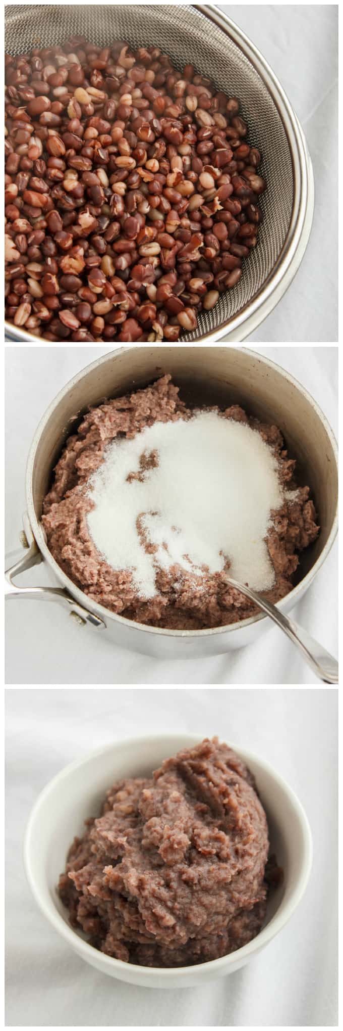 Red Beans in strainer , red bean paste with sugar and spooon in pot, red bean paste in white bowl