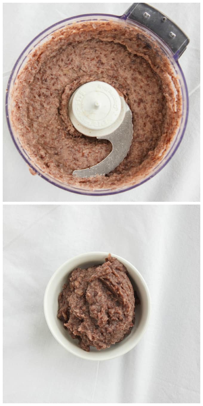 Red Bean Paste dough in blender, red bean paste in white bowl