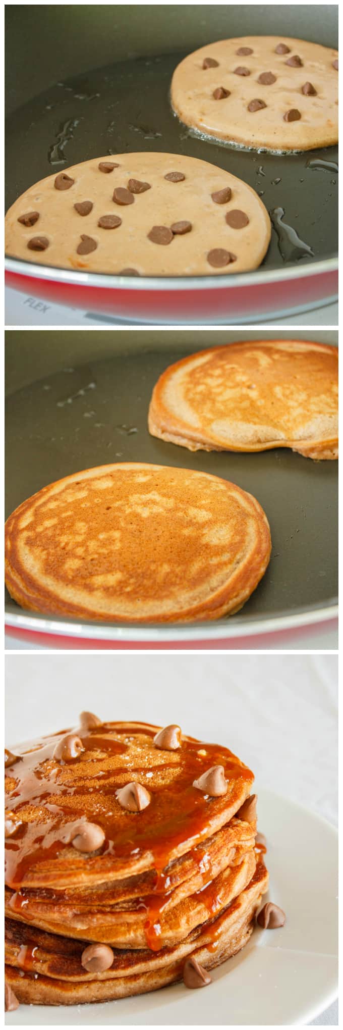 Salted Caramel Hot Chocolate Pancakes in pan, pancakes being baked and pancakes on white plate