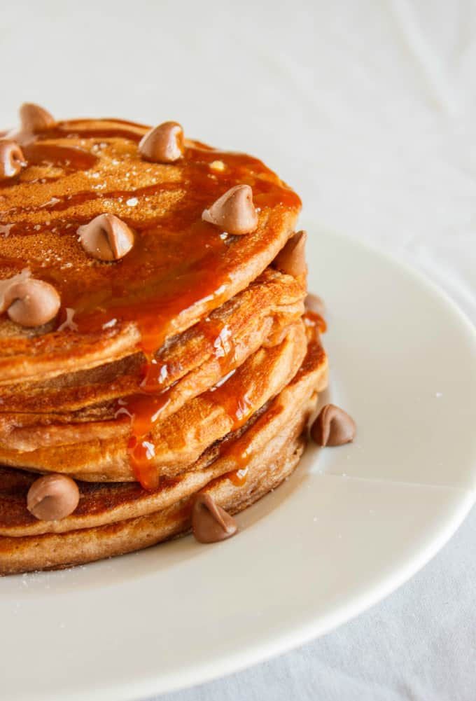 Salted Caramel Hot Chocolate Pancakes on white plate