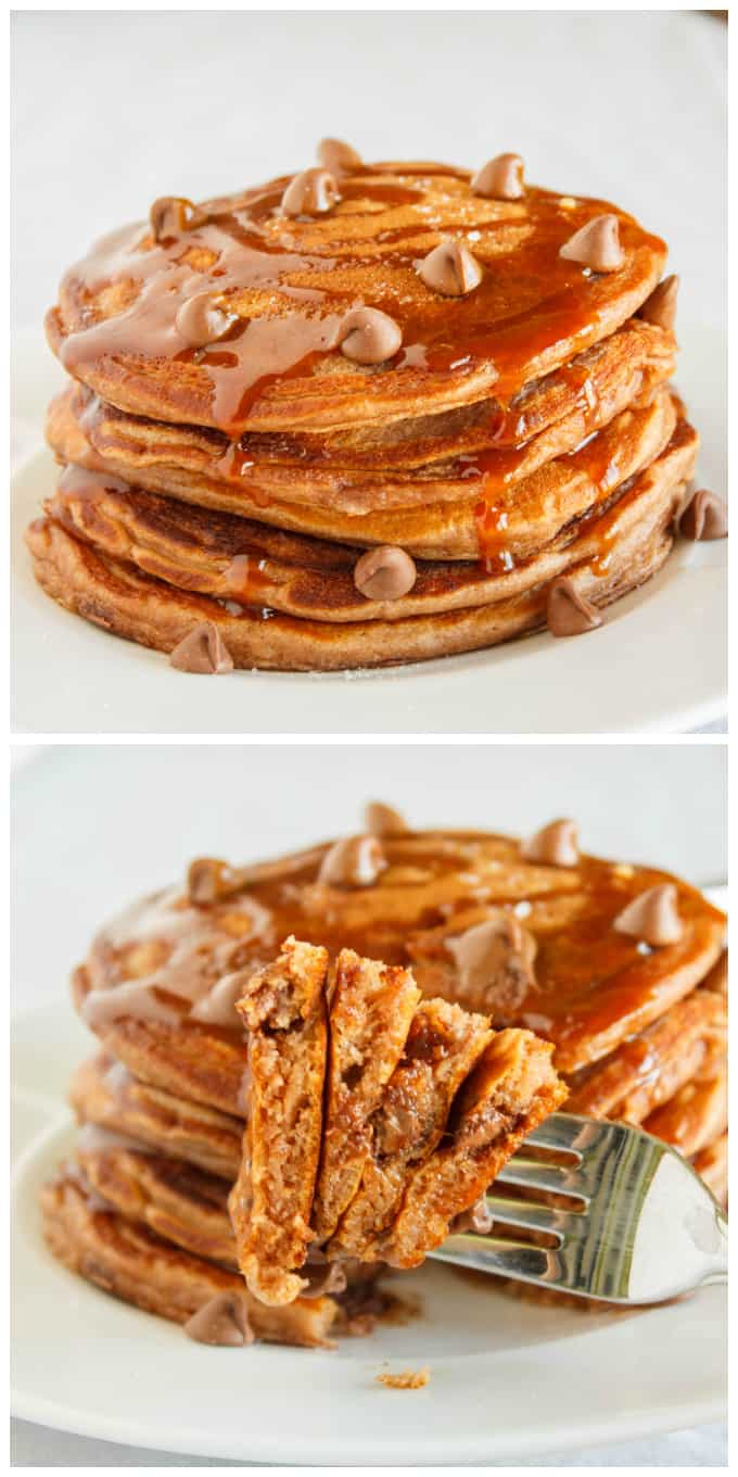 Salted Caramel Hot Chocolate Pancakes on white plate, pancakes on white plate being picked up by fork