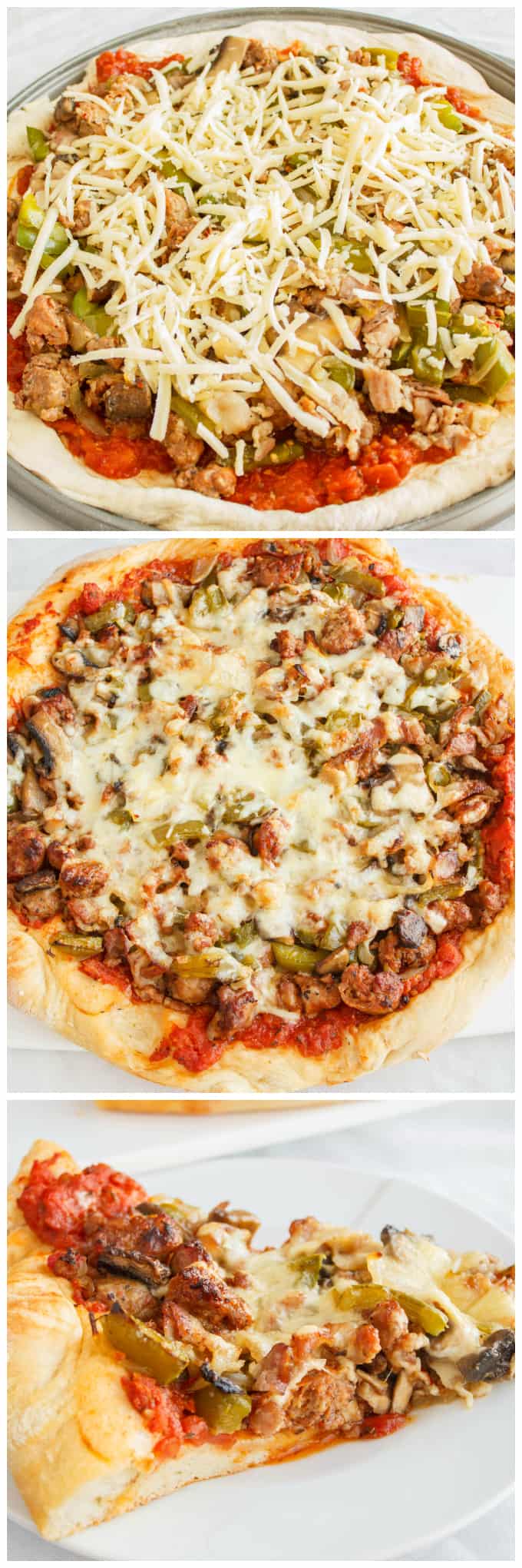 Sausage Pizza with Onions, Green Peppers, and Bacon on baking pot, pizza on white tray and slice of pizza on white plate