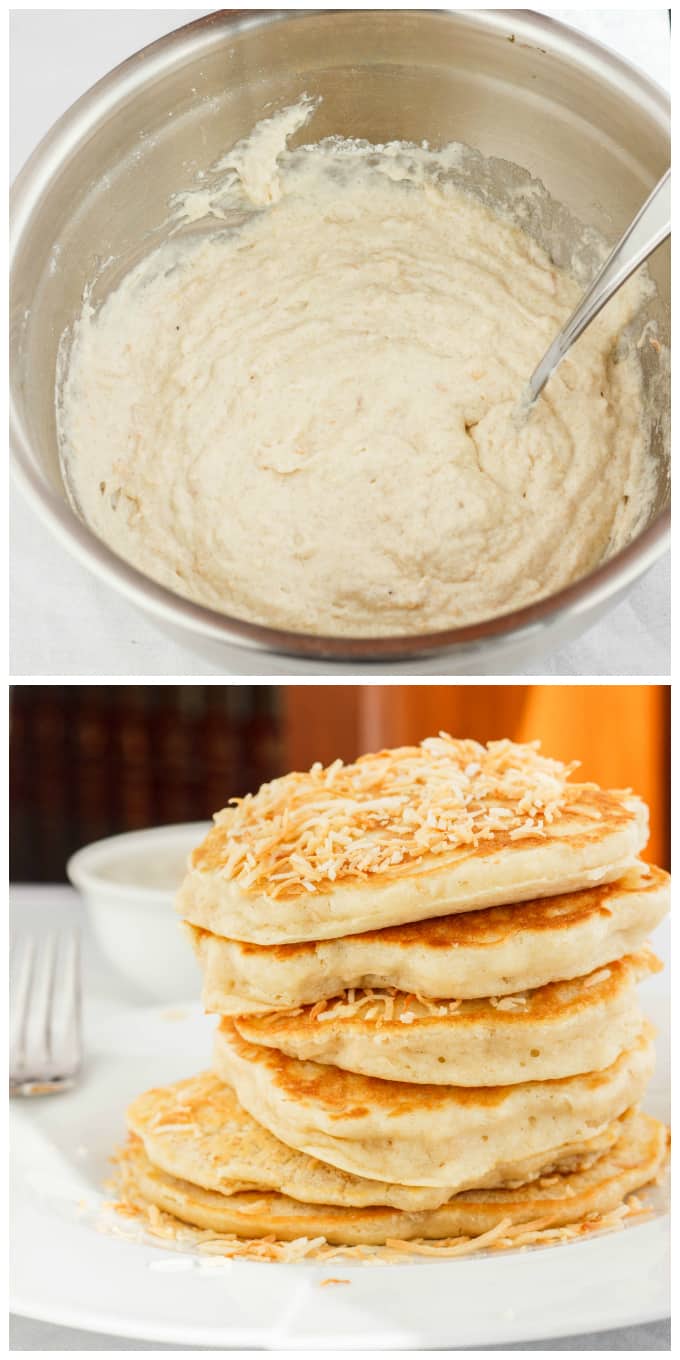 Toasted Coconut Pancakes dough in bowl, pancakes on white plate