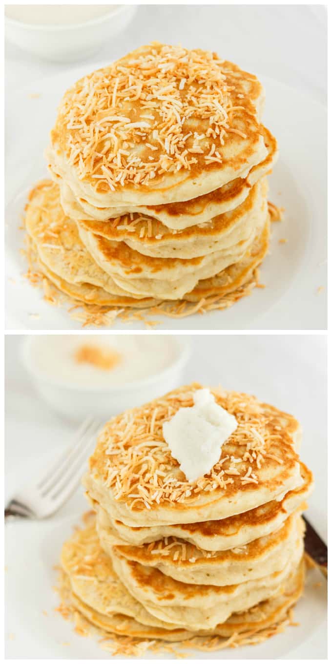 Toasted Coconut Pancakes on white plate