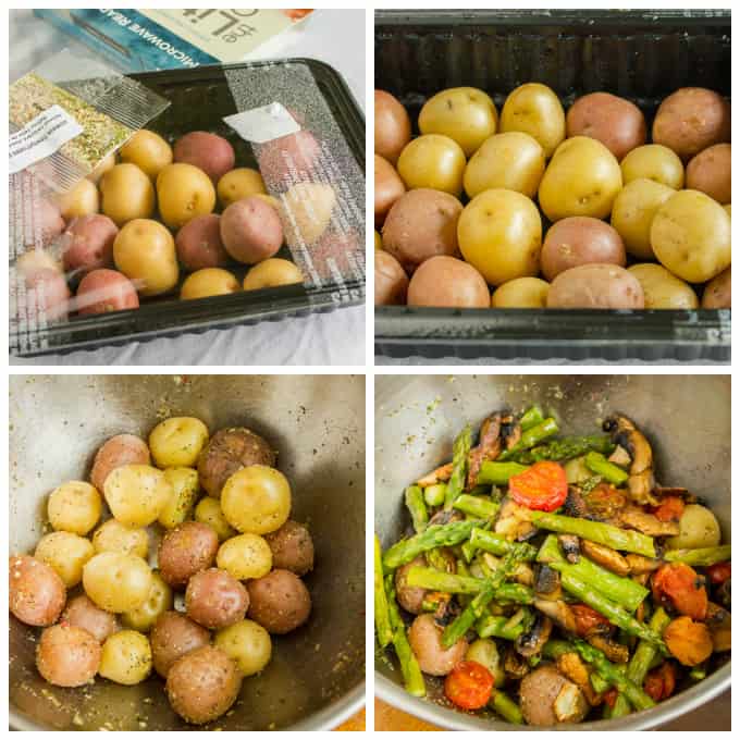 Potatoes and vegetable being prepared for roasting in bowl