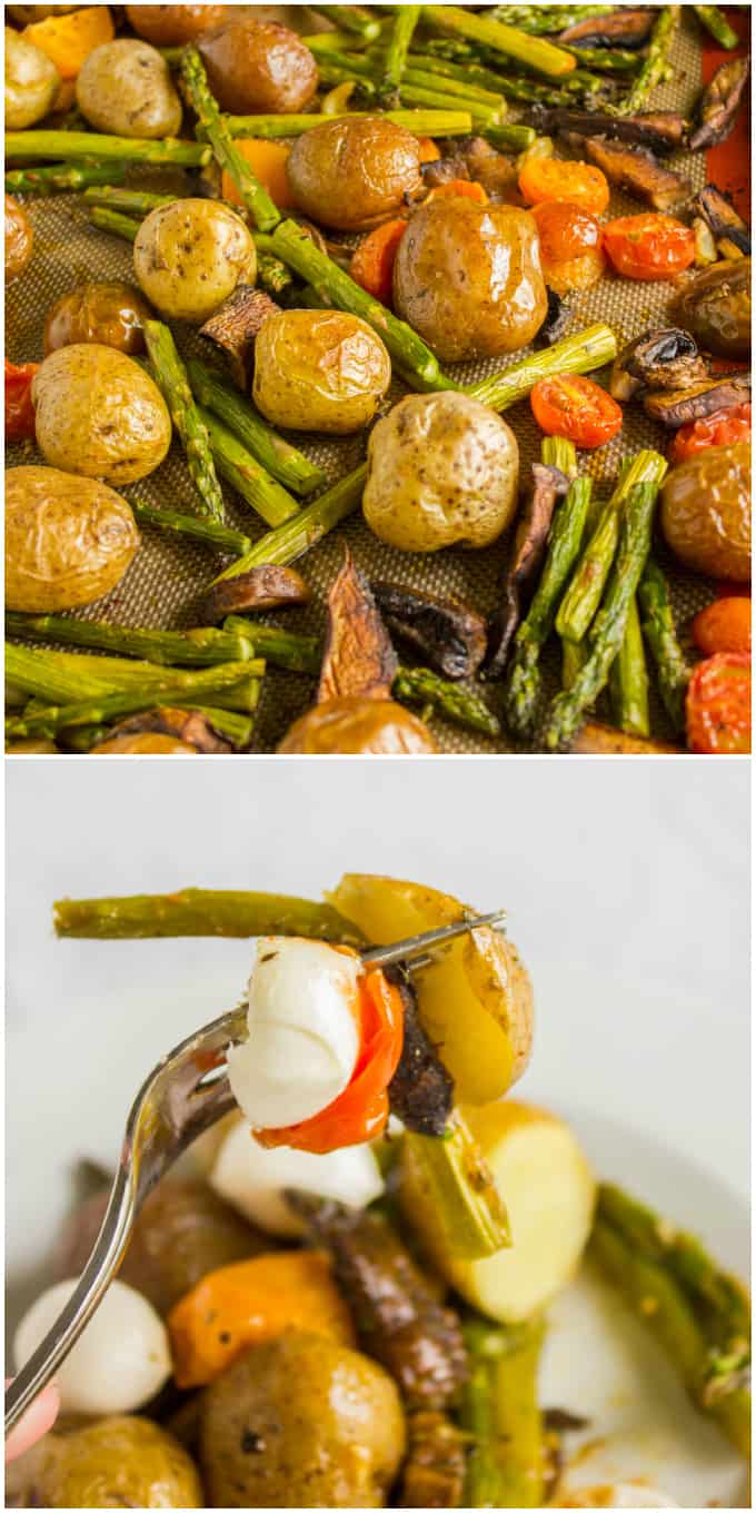 Easy Creamer Potatoes with Roasted Vegetables  on brown pad and picked up by fork(Microwave Ready) 8