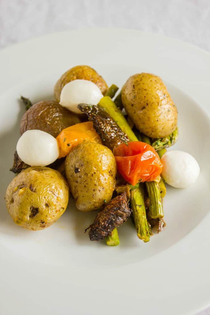 Easy Creamer Potatoes with Roasted Vegetables on white plate