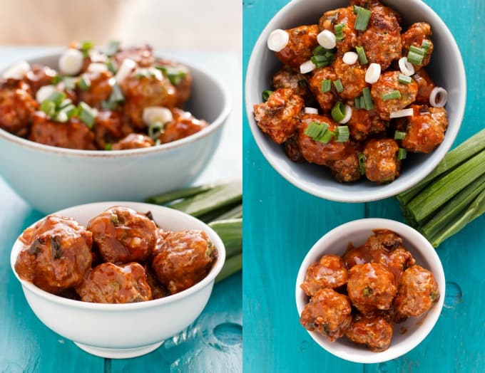 General Tso's Meatballs in white bowls with veggies on blue table #yum