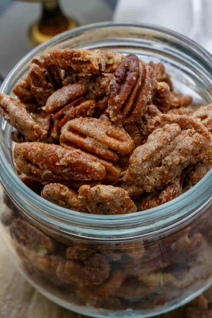 Spicy Glazed Pecans in glass jar