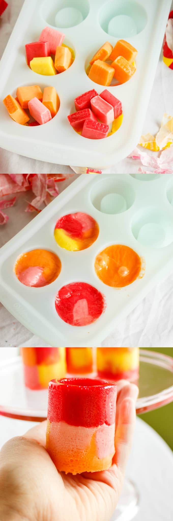 Starburst Candy  before and after melting into mold, shot glasses on glass tray and one hold by hand