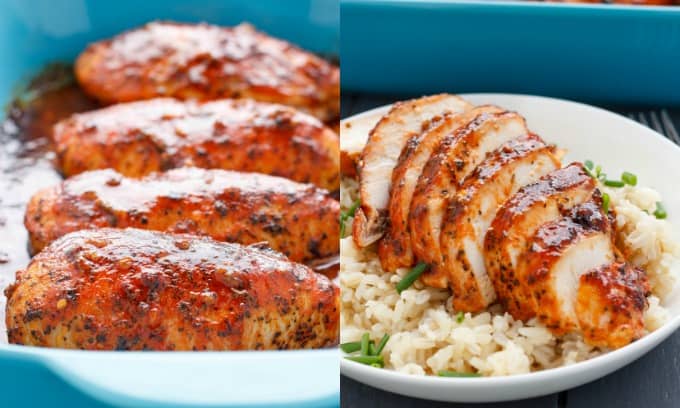 Sriracha chicken breasts in blue baking pot, Sliced chicken breast with rice and veggies on white plate