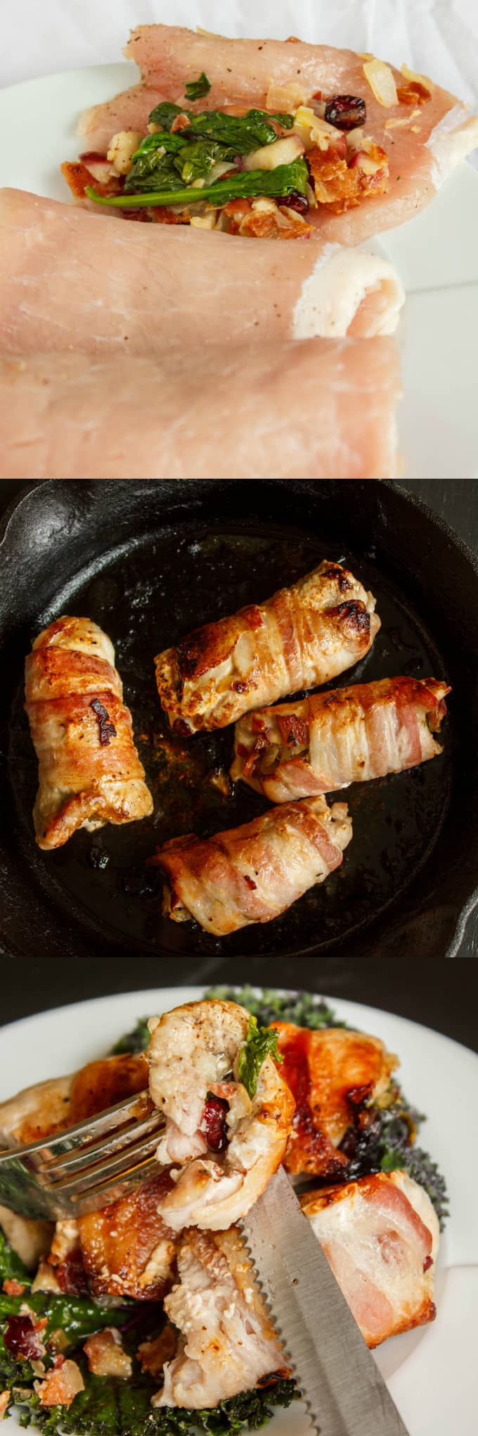 Boneless Pork Loin Chops Stuffed with Apple and Bacon  being stuffed, on pan, on white plate cutted by knife and picked by fork