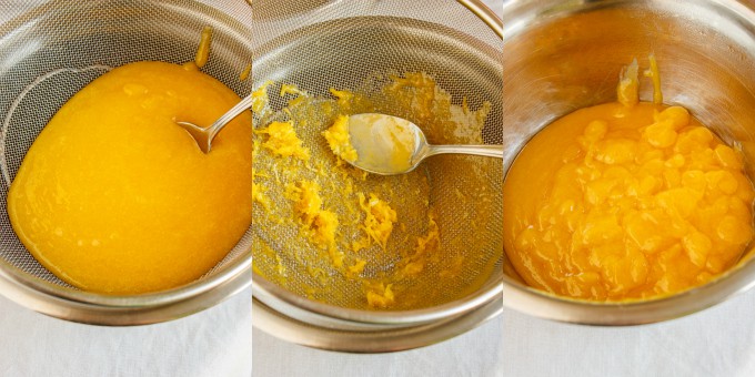 Brown Butter Lemon Curd dough in bowl being mashed trough strainer into bowls