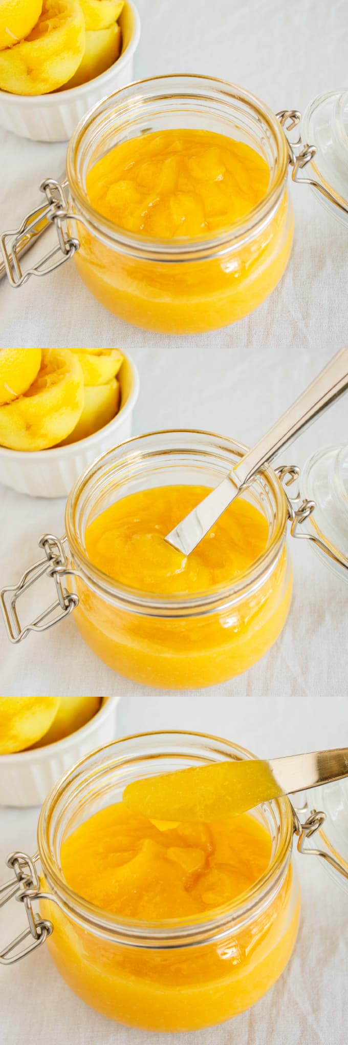 Brown Butter Lemon Curd in glass jars with knives with bowls of lemons