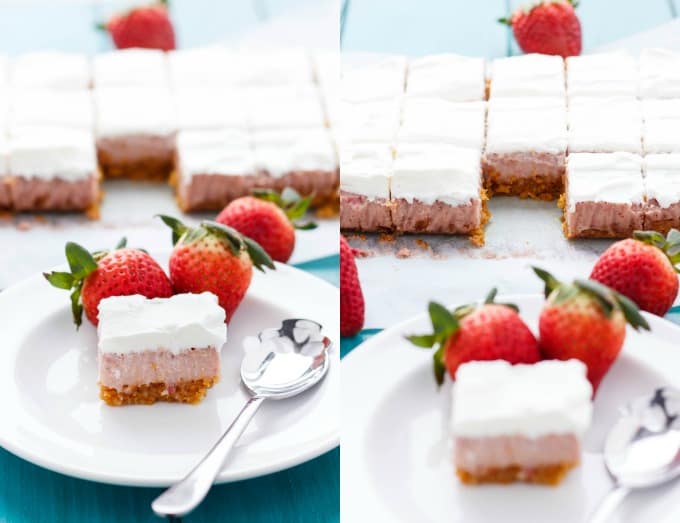 Easy Strawberry Squares  on paper 
 sheets and white plates with spoons and ripe strawberries#easy