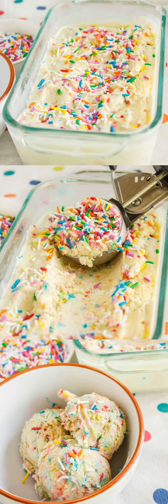 Homemade Birthday Cake Ice Cream in glass container, picked by ice cream spoon, ice cream in white orange bowl