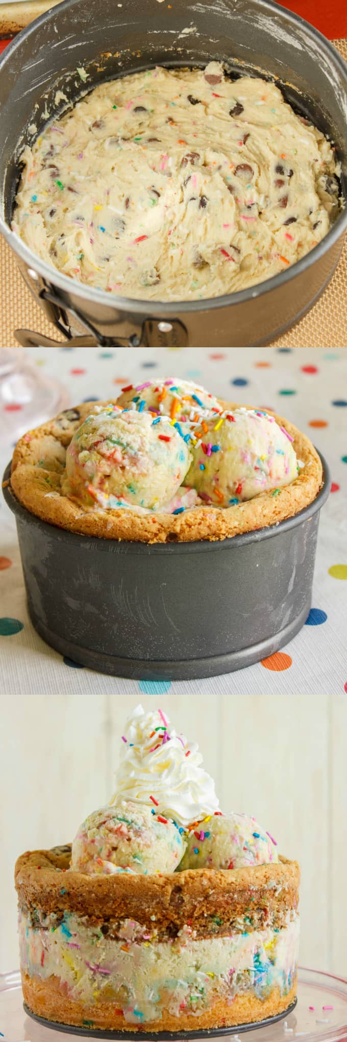 Homemade Birthday Cake Ice Cream Cake  dough in pot, dough after baking with ice cream on the top, whole cake on the glass tray