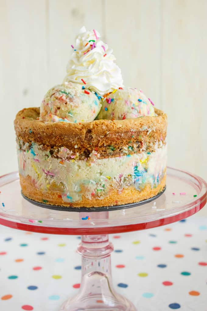 Homemade Birthday Cake Ice Cream Cake on glass tray