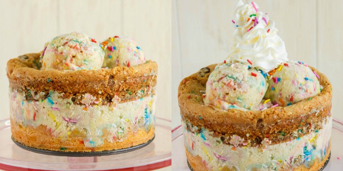 Homemade Birthday Cake Ice Cream Cake on glass tray