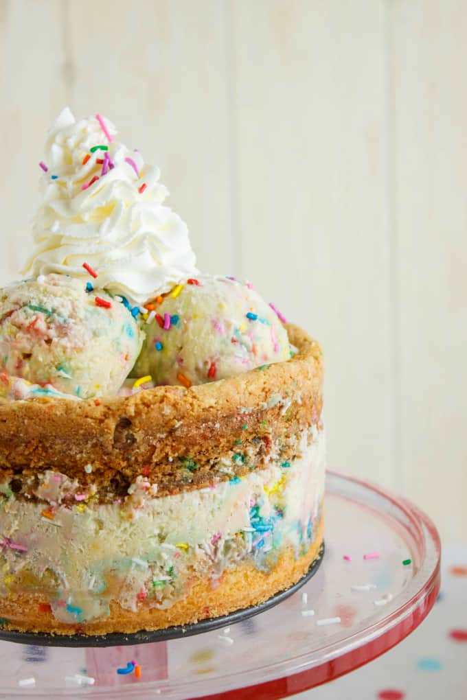 Homemade Birthday Cake Ice Cream Cake on glass tray