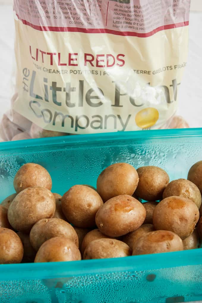 Potatoes in blue container with potatoe sack in the background